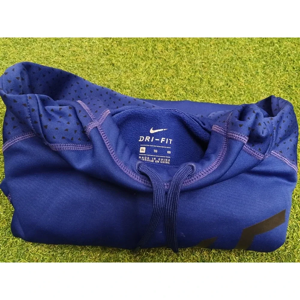 Nike Dri Fit Hoodie Mens XL Blue Spellout Graphic Raglan‎ Sleeve Fleece Lined